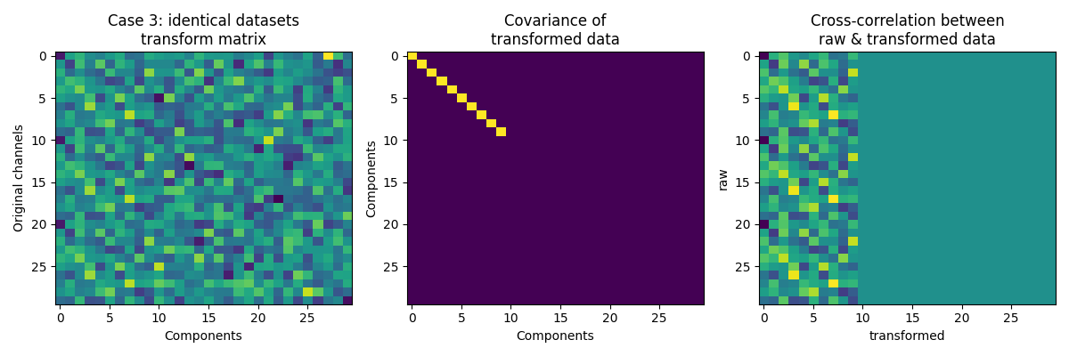 Case 3: identical datasets transform matrix, Covariance of transformed data, Cross-correlation between raw & transformed data
